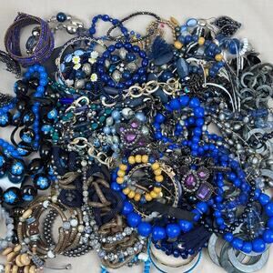 Craft Jewelry Lot - 4 lbs Blue Cobalt Navy Grey Bead Statement Chunky Floral